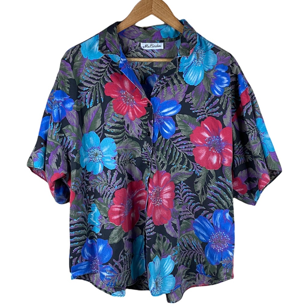Vintage Tropical Print Lightweight Button Down Shirt Womens Size Large